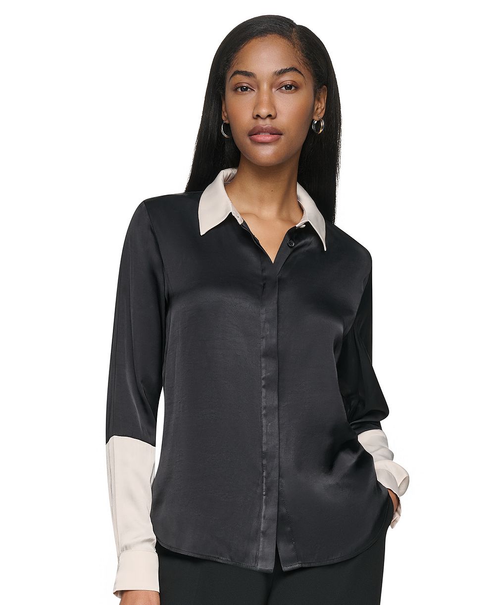 DKNY Женская блузка Park Satin Colorblock с длинным рукавом