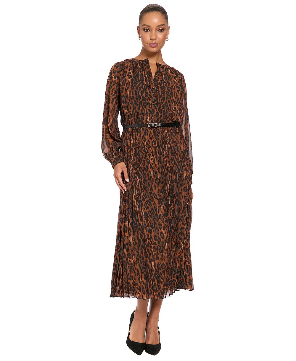 Женское платье-рубашка London Times Petite Belted Pleated Skirt Chi Leopard-Print