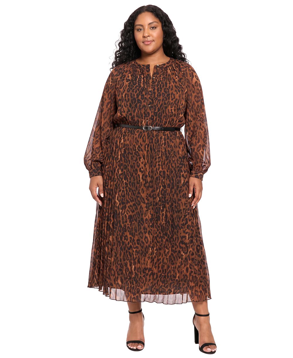Платье London Times Plus Size Pleated Skirt Belted Mid Animal-Print Chiffon
