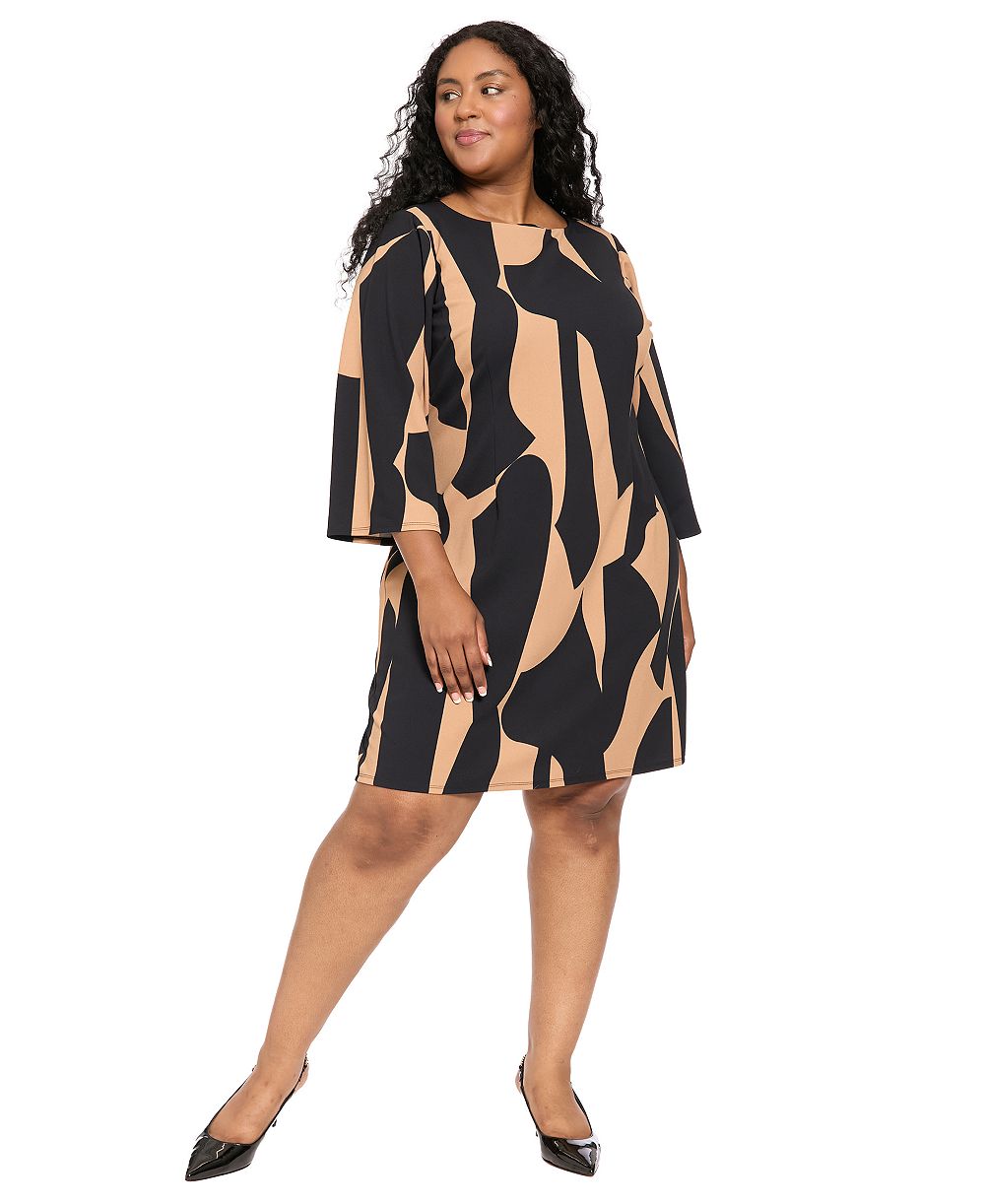 Платье London Times Plus Size 3/4-Sleeve Geometric-Print Scuba Crepe Shift