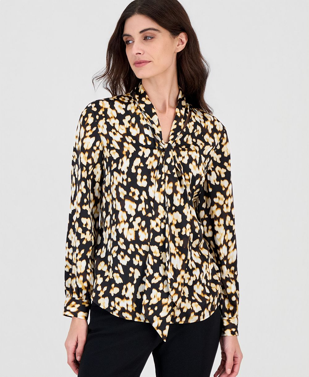Kasper Women's Long Sleeve Printed Satin Blouse