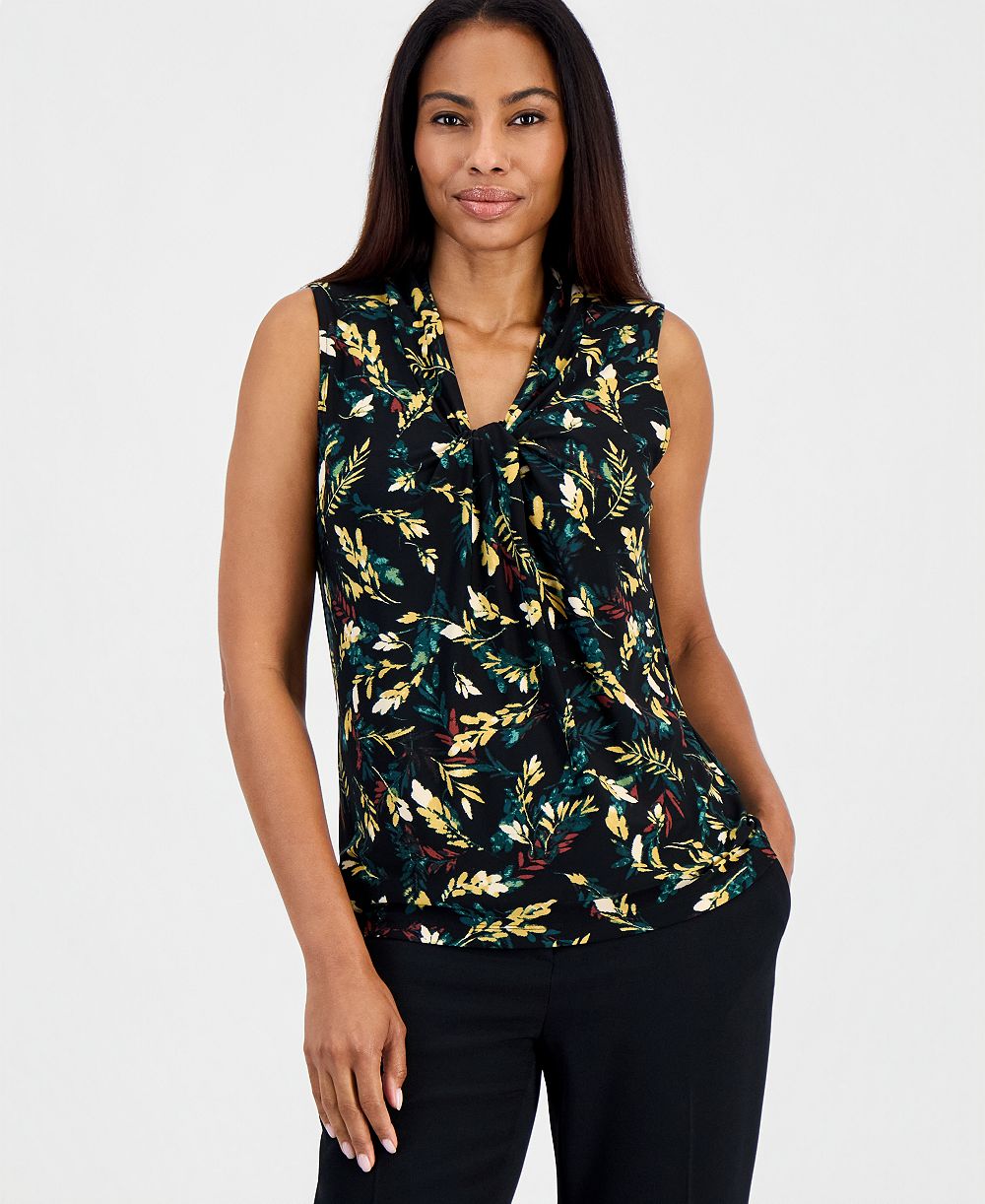Kasper Women's Floral-Print Knot Neck Sleeveless Blouse