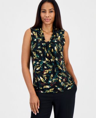 Kasper Women's Floral-Print Knot Neck Sleeveless Blouse