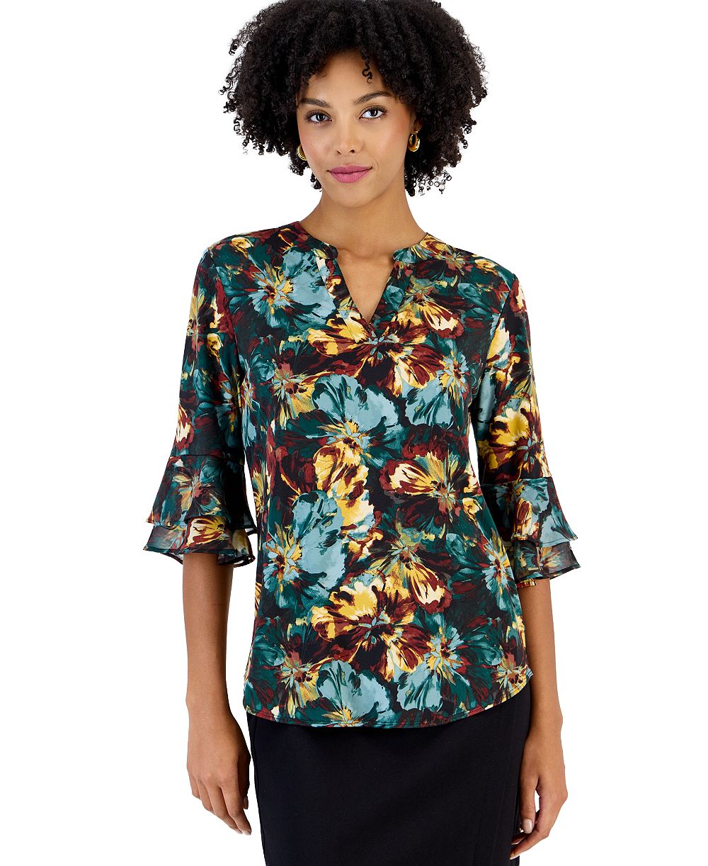 Kasper Women's Floral Split-Neck 3/4-Length Flutter-Sleeve Tunic
