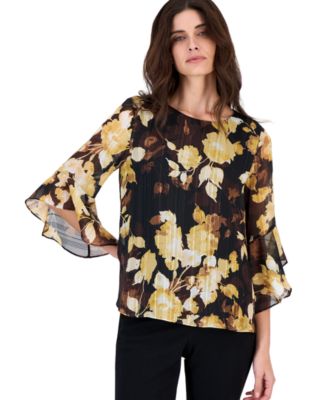Kasper Women's Floral-Print 3/4-Length Ruffled Sleeve Chiffon Blouse