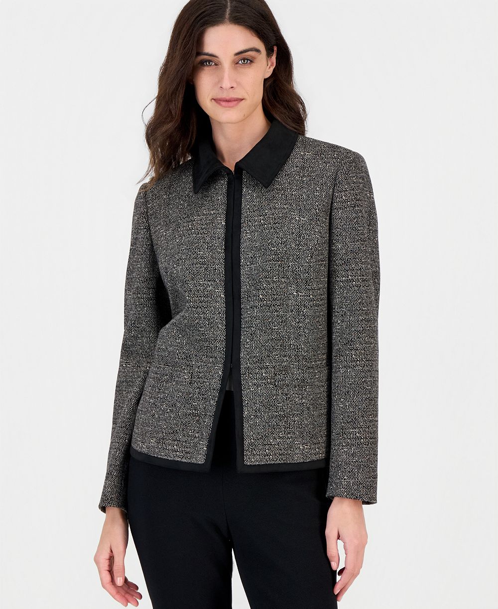 Kasper Women's Long Sleeve Chevron Faux Suede Trim Jacket