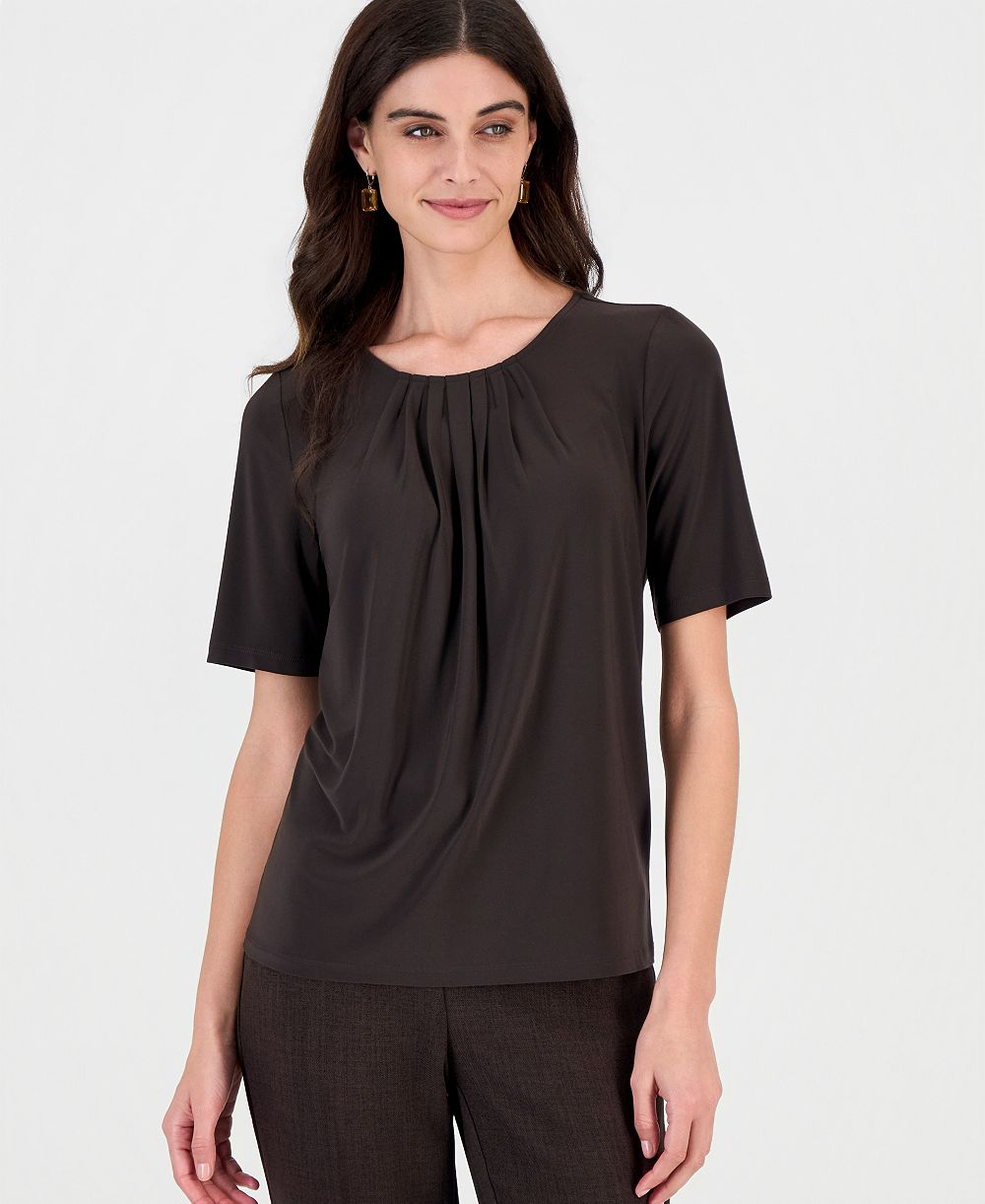 Kasper Women's Box-Pleat Neck Elbow-Sleeve Blouse