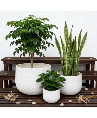 Streamdale Furniture Set of 3 Round Magnesium Oxide Planters with Weaving Pattern