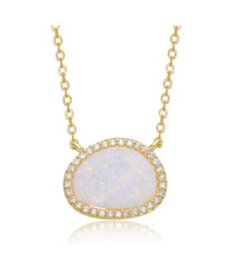 Rachel Glauber 14K Gold Plated Sparkling Oval Opal and CZ Halo Necklace