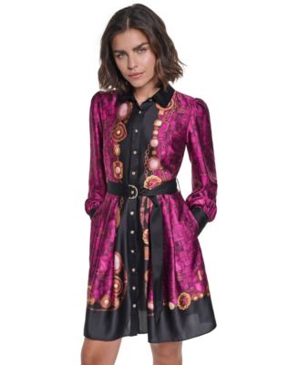 KARL LAGERFELD PARIS Women's B.F. Collared Long-Sleeve Belted Shirt Dress