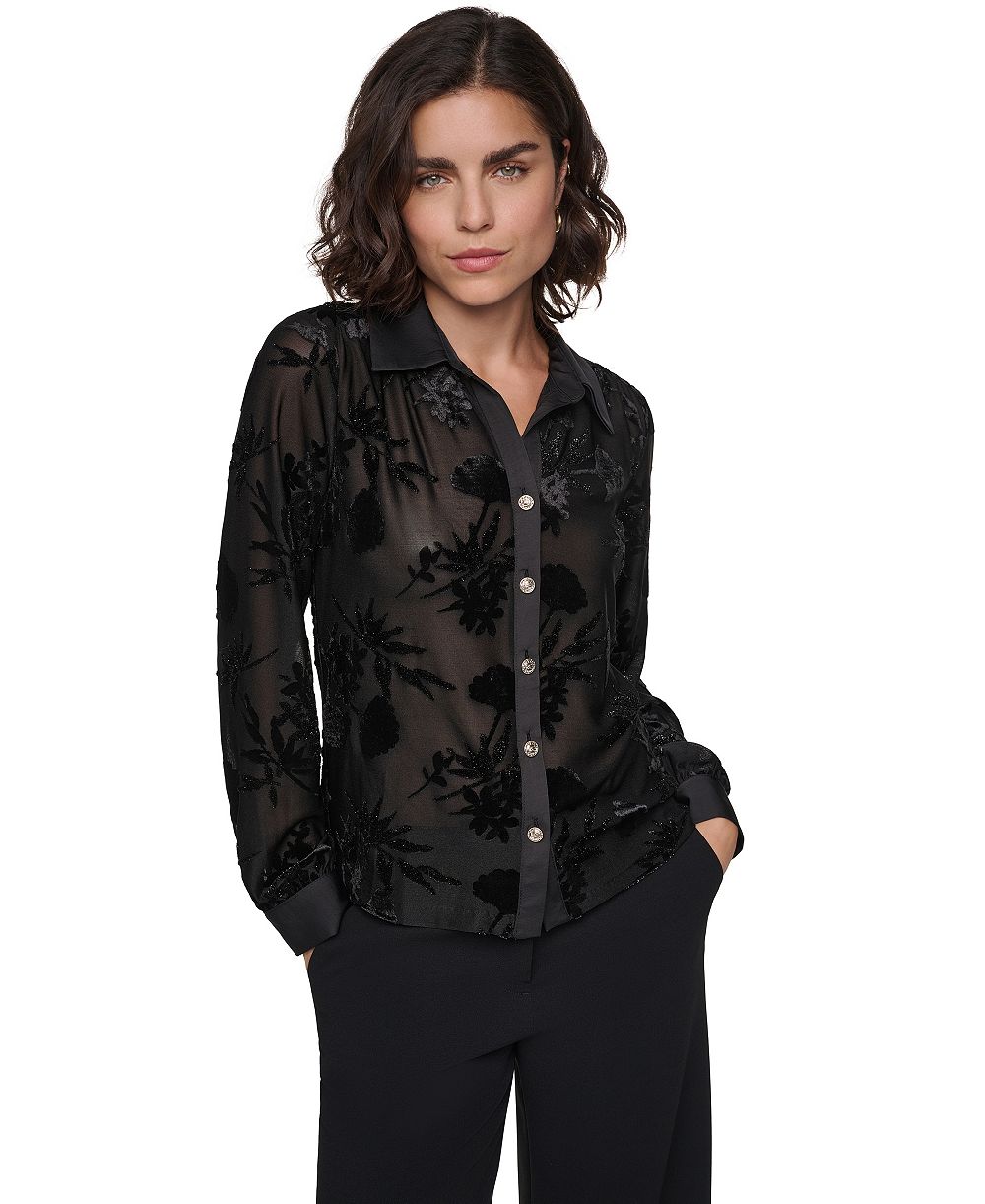 KARL LAGERFELD PARIS Women's Long-Sleeve Collared Burnout-Floral Blouse
