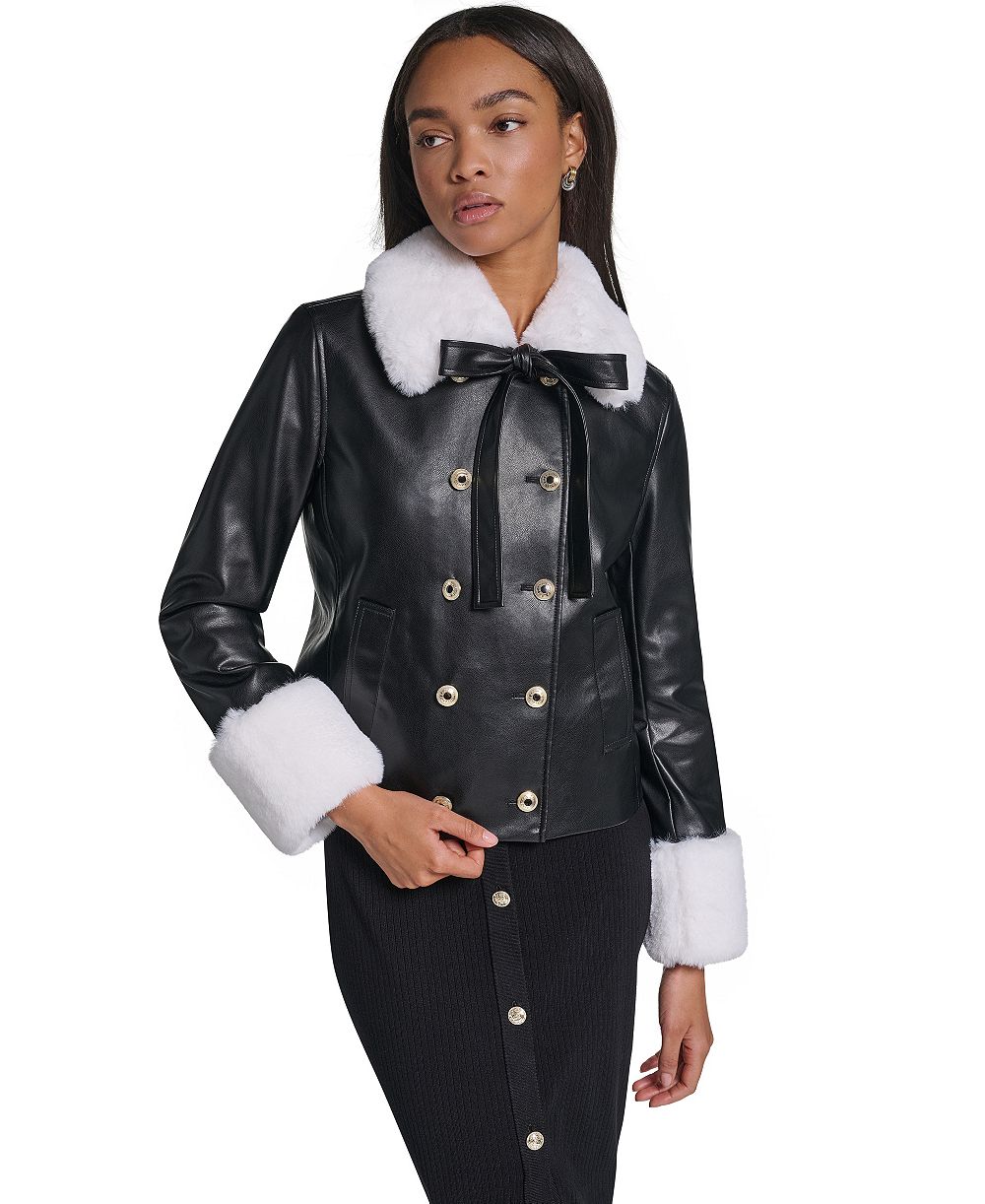KARL LAGERFELD PARIS Women's Faux Fur Collar Double-Breasted Jacket