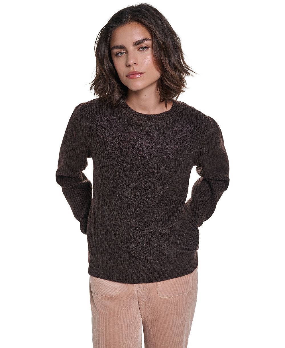 Karl Lagerfeld Paris Women's Cable-Knit Floral Lace Applique Sweater