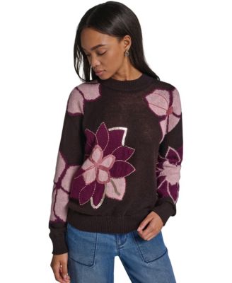 KARL LAGERFELD PARIS Women's Big Flowers Floral-Print Sequin Embellished Sweater