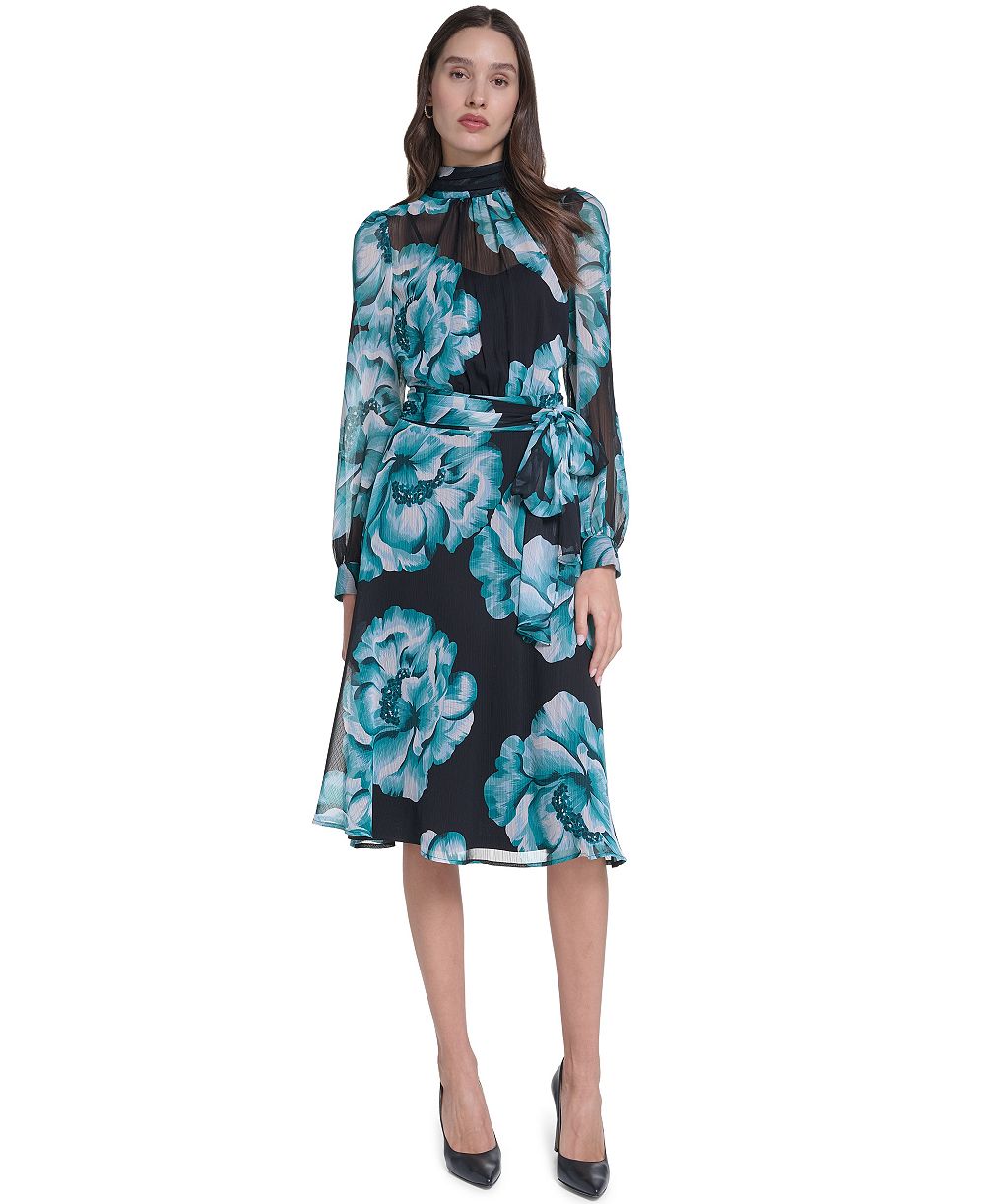 Платье миди Calvin Klein Petite Mock Neck Floral A-Line Chiffon