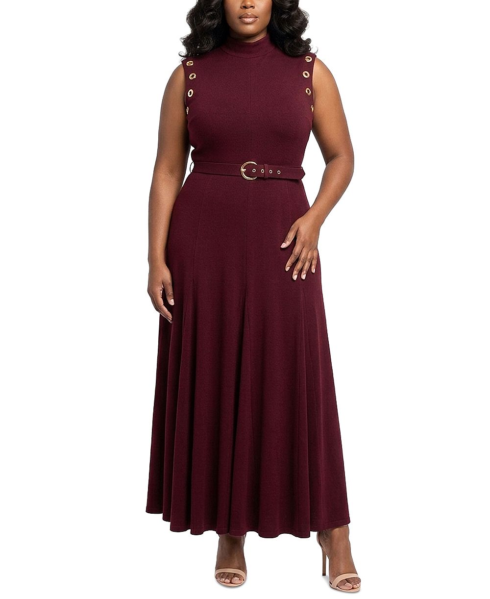 Taylor Plus Belted Mock-Neck Grommet Dress