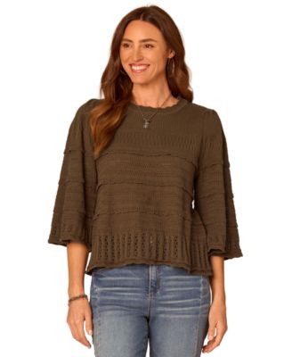 Женский свитер Democracy Variegated-Stitch Scallop-Edge Three-Quarter Bell Sleeve
