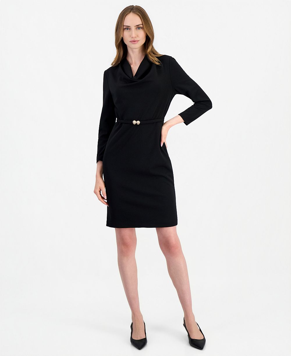 Anne Klein Женское длинное платье с длинным рукавом, ремнем и драпировкой на шее