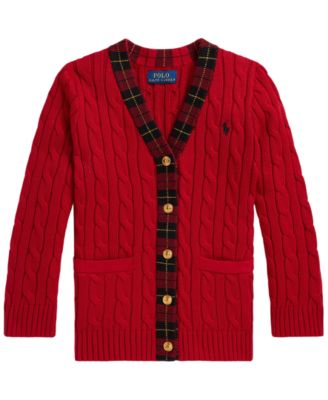 Polo Ralph Lauren Girls' 2T-6X Plaid-Trim Cable-Knit Cotton Cardigan