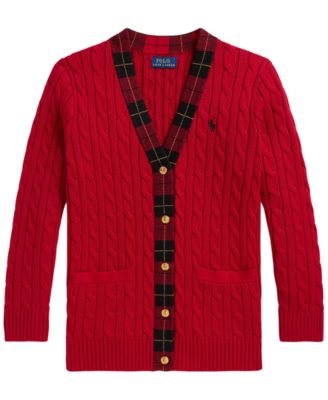Polo Ralph Lauren Girls' 7-16 Plaid-Trim Cable-Knit Cardigan