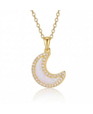 Rachel Glauber 14K Gold Plated Sparkling Moon Opal and CZ Halo Necklace