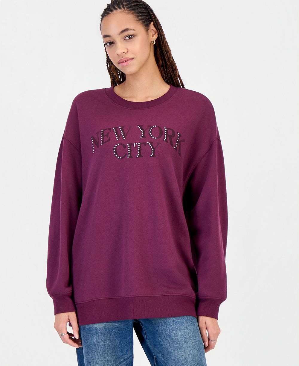 Rebellious One Juniors' NYC Rhinestone Oversized Fleece Hoodie