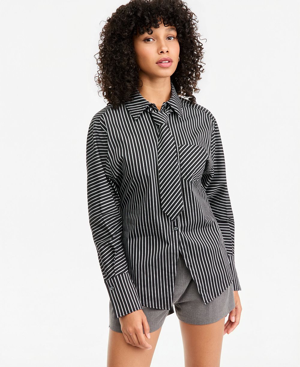 Bar III Women's Striped Tie-Neck Long-Sleeve Shirt, Macy's Exclusive