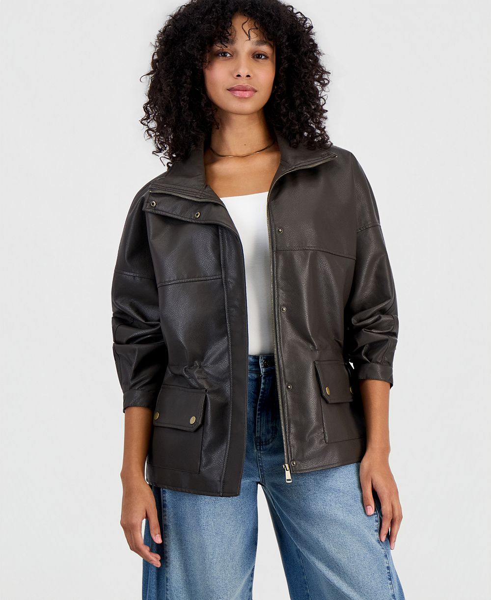 Bar III Women's Peplum Oversized Funnel-Neck Faux Leather Jacket, Macy's Exclusive