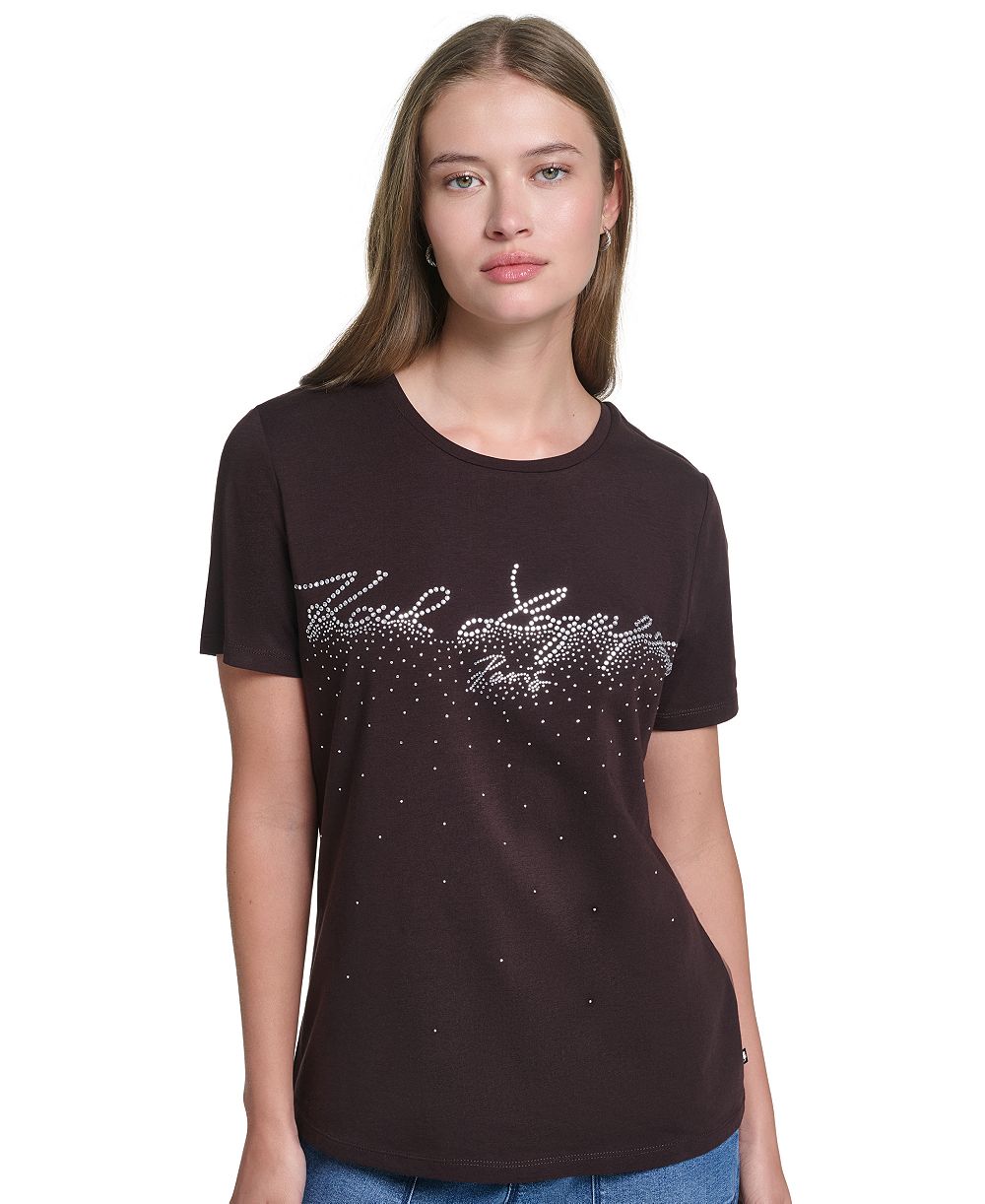 KARL LAGERFELD PARIS Women's Sparkle Embellished Logo Graphic Crewneck T-Shirt