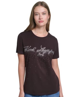 KARL LAGERFELD PARIS Women's Sparkle Embellished Logo Graphic Crewneck T-Shirt