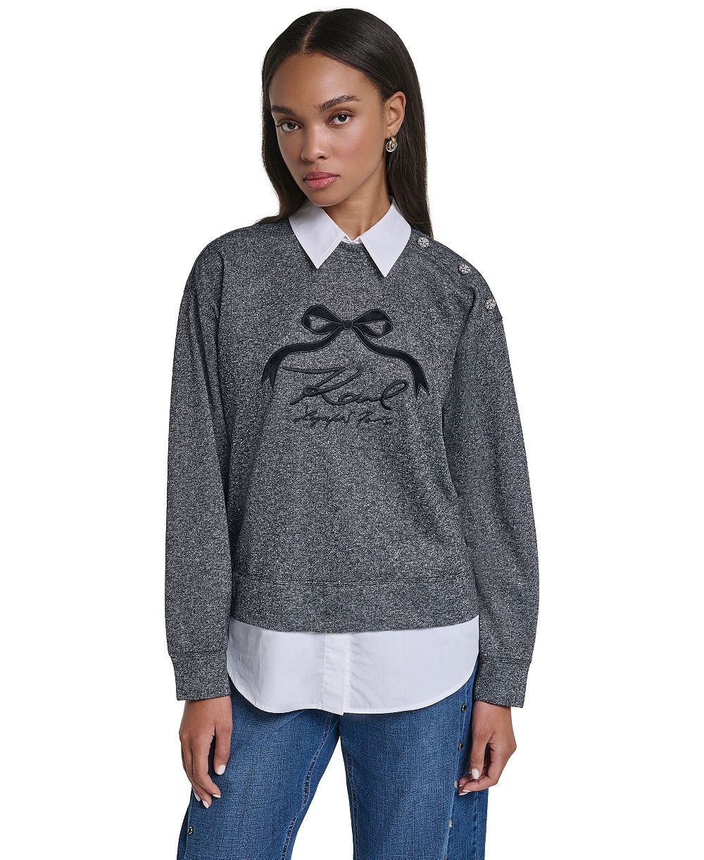 KARL LAGERFELD PARIS Women's Collared Oversized Logo-Bow Sweatshirt