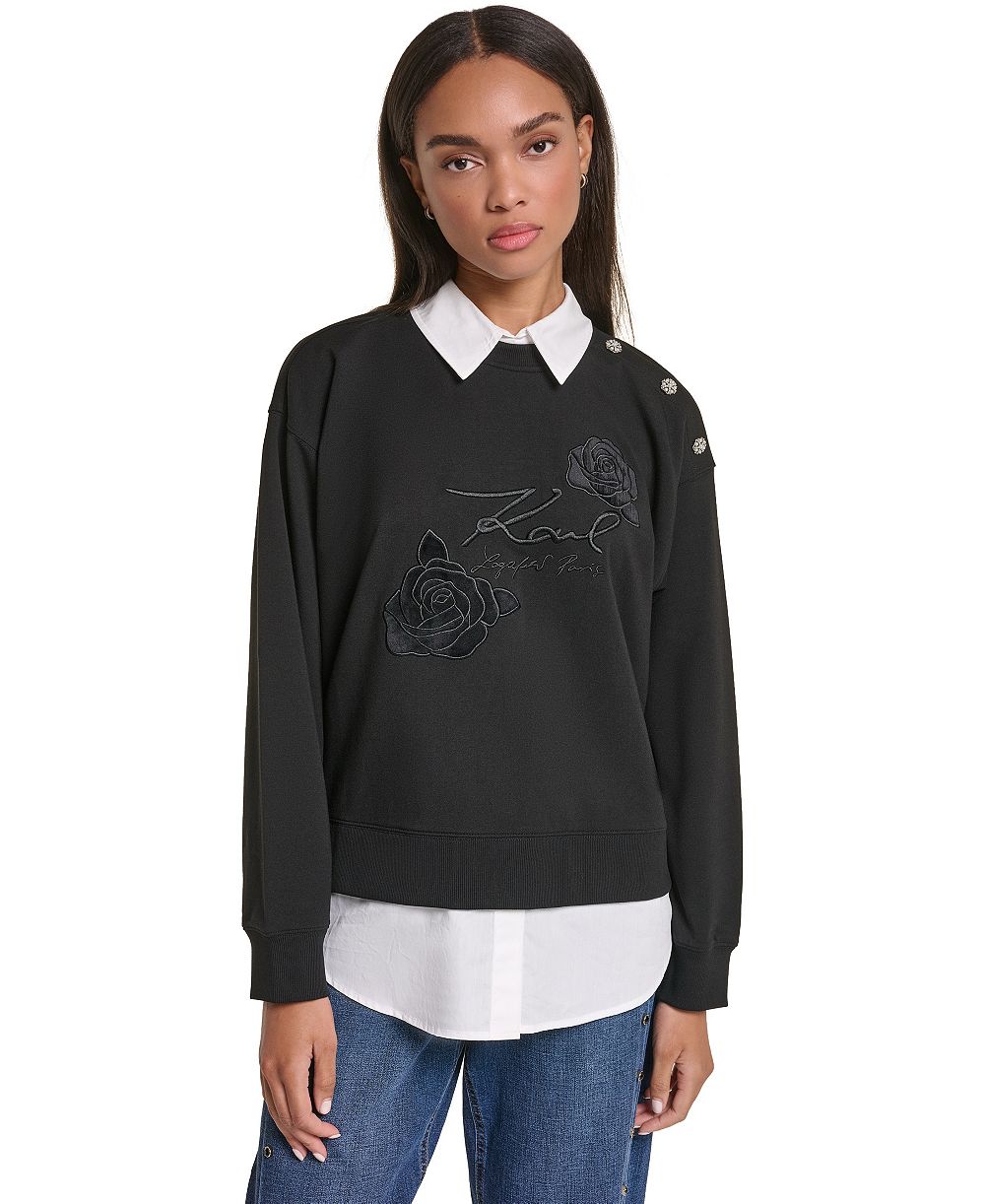 KARL LAGERFELD PARIS Women's Collared Twoffer Oversized Sweatshirt