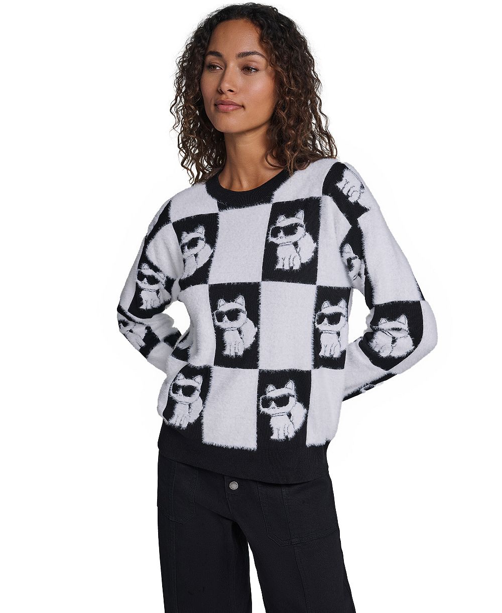 KARL LAGERFELD PARIS Women's Choupette Checkerboard Pullover Sweater