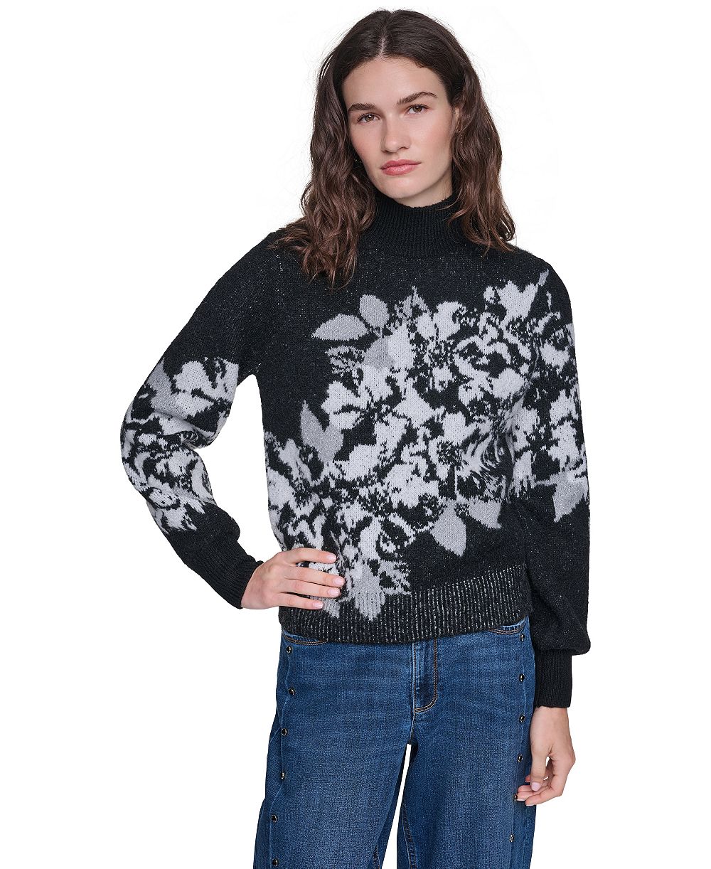 KARL LAGERFELD PARIS Women's Rose Mock Neck Floral-Print Sweater