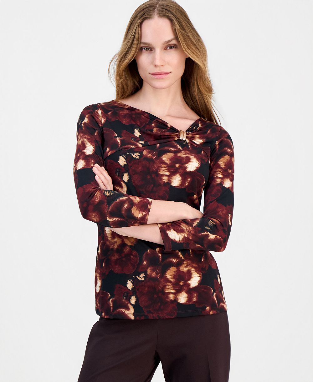 Anne Klein Petite Printed Asymmetric-Neck 3/4-Sleeve Top