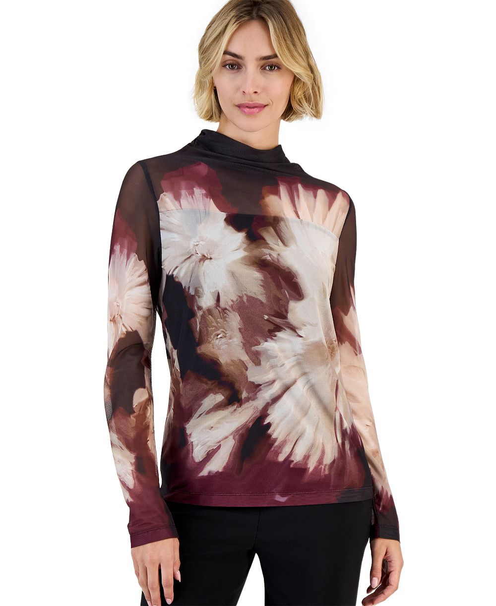 Anne Klein Petite Seamless Sheer Floral Turtleneck