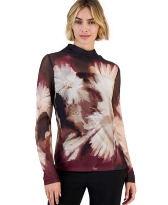 Anne Klein Petite Seamless Sheer Floral Turtleneck