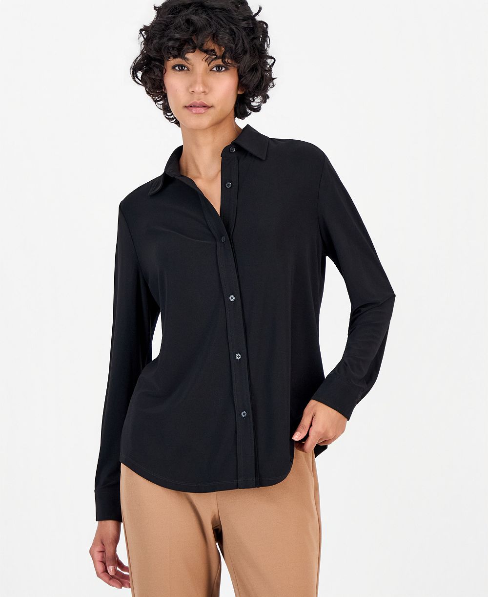 Anne Klein Essentials Petite Long-Sleeve Collared Knit Button-Down Shirt