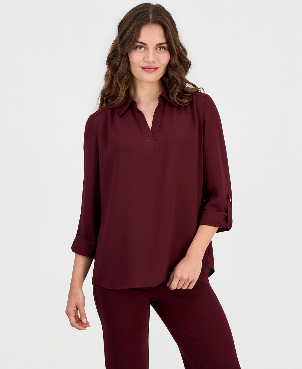 Anne Klein Essentials Petite V-Neck 3/4-Length Roll-Tab Sleeve Blouse