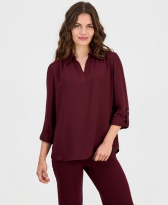Anne Klein Essentials Petite V-Neck 3/4-Length Roll-Tab Sleeve Blouse