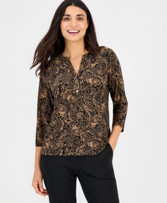 Anne Klein Essentials Женская хенли с v-образным вырезом и рукавом 3/4, миниатюрный размер, с принтом Woodblock