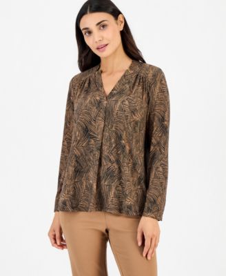 Anne Klein Essentials Petite Long-Sleeve Split-Neck Yoke Blouse