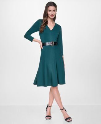DKNY Petite V-Neck 3/4 Sleeve Fit & Flare Dress