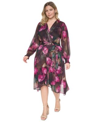 DKNY Plus Smocked Wrap Midi Floral-Print Long-Sleeve Dress