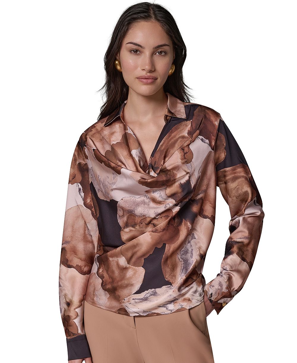 Donna Karan New York Женская блузка с длинным рукавом и воротником-драпировкой для миниатюрных девушек