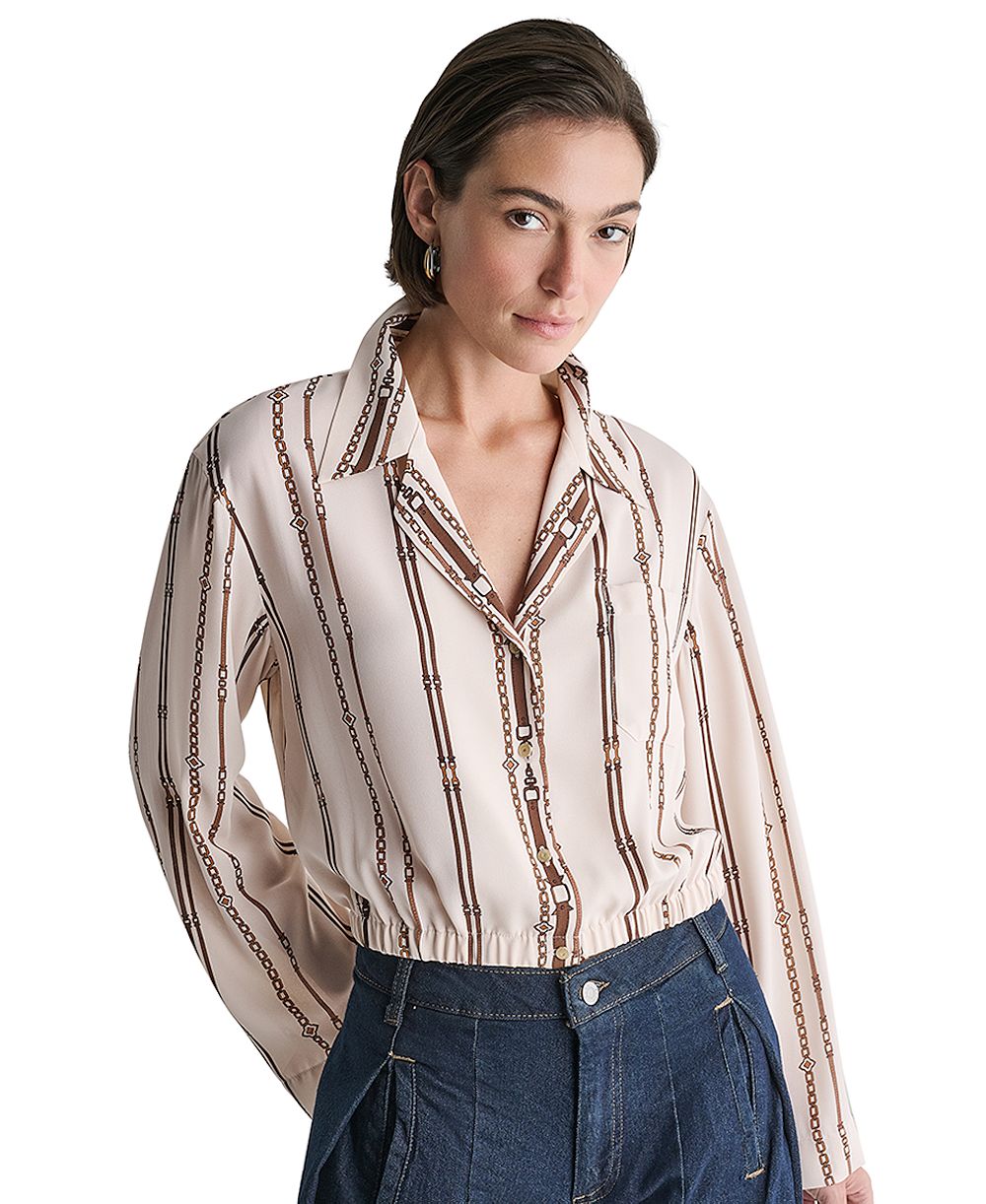 BCBG Women's Collared Long-Sleeve Crop Button-Up Top