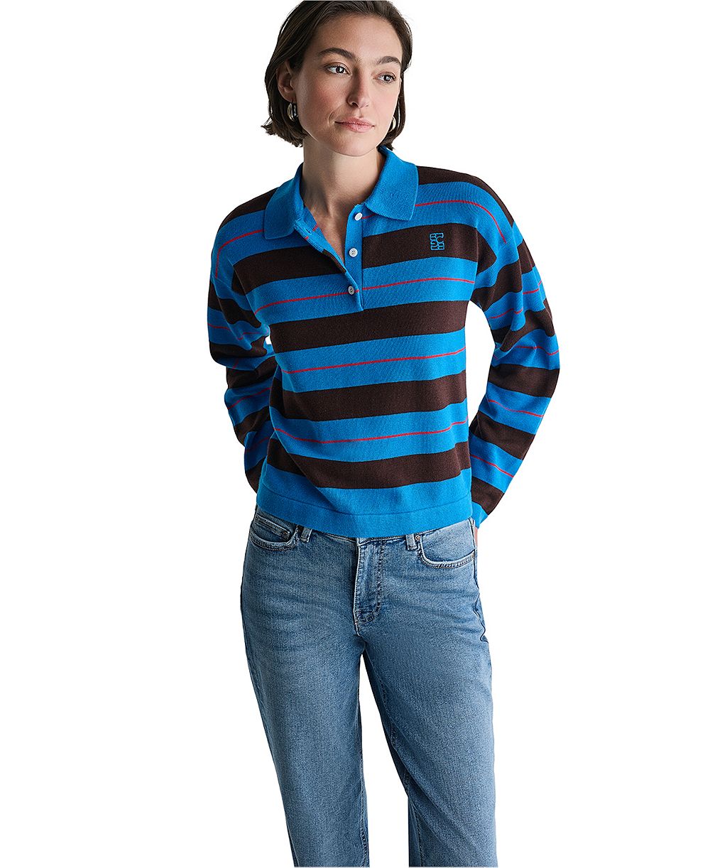 BCBG Women's Long-Sleeve Striped Rugby Polo Sweater