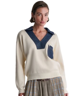 BCBG Women's Denim Trim Oversized Collared V-Neck Sweater