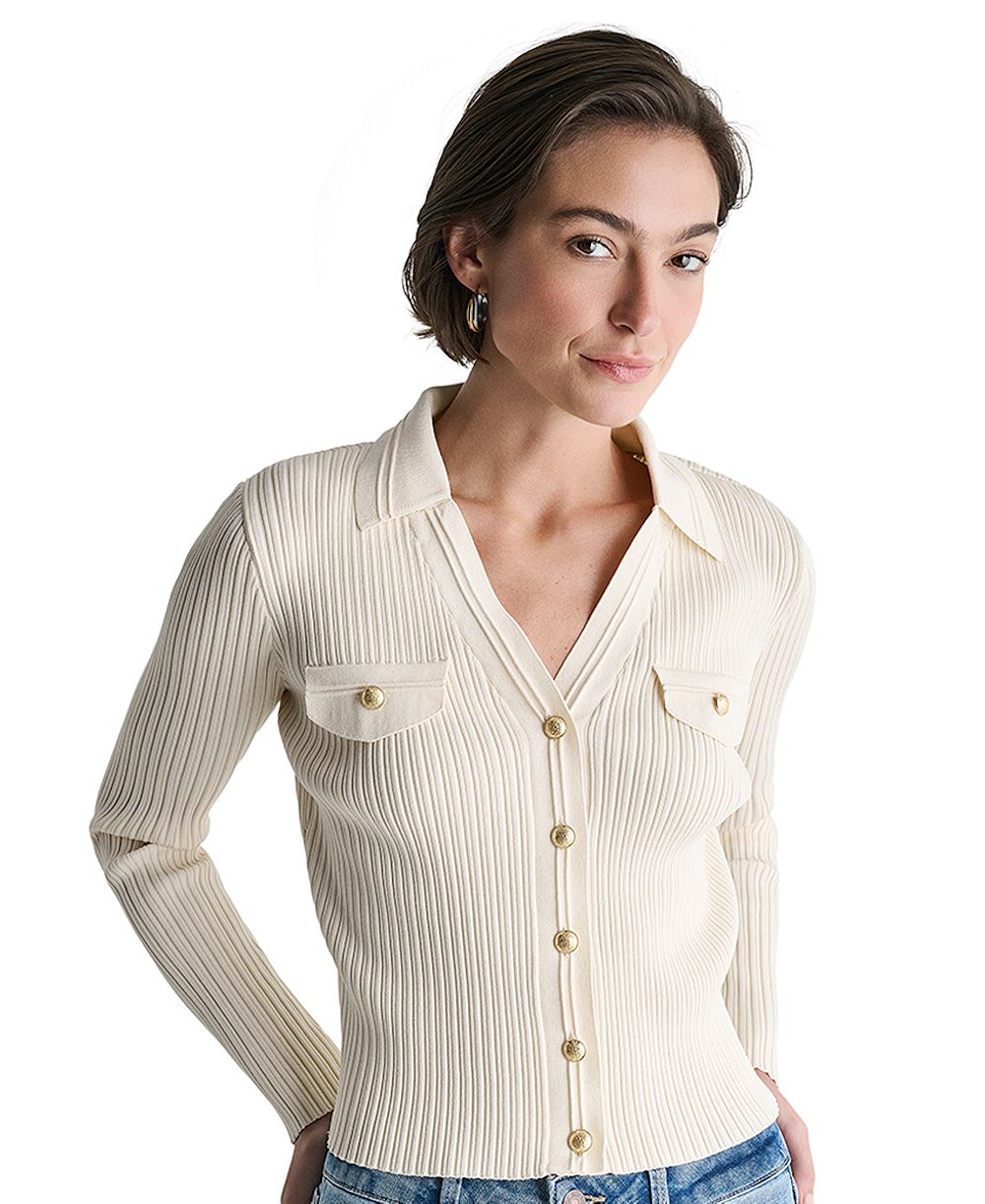 BCBG Women's Ribbed Knit Collared V-Neck Cardigan