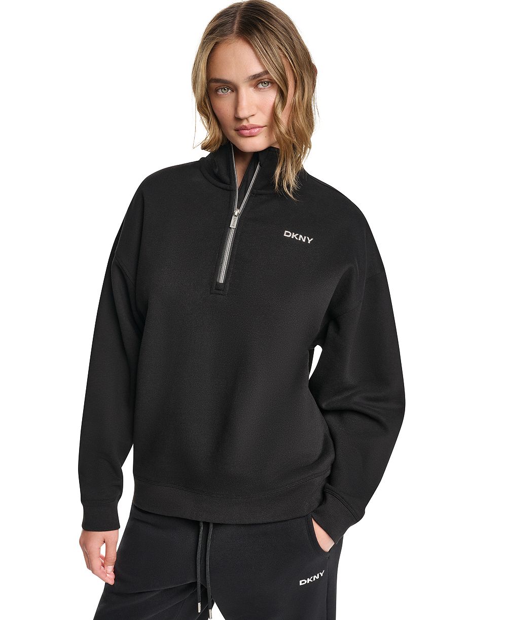 DKNY Sport Women's Quarter Zip Metallic Bubble Logo Mock Neck Sweatshirt